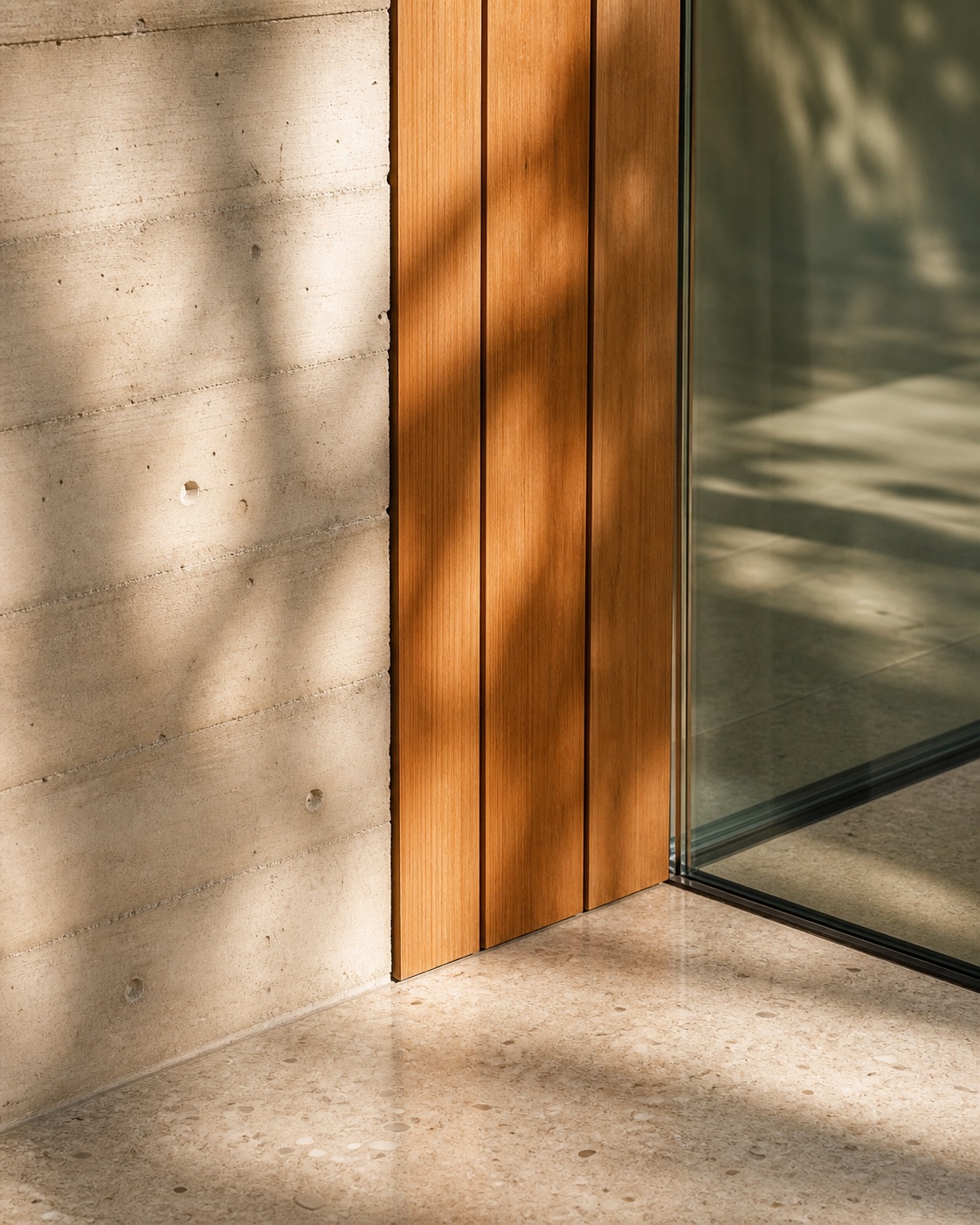 Concrete, cypress and glass meeting at a material junction