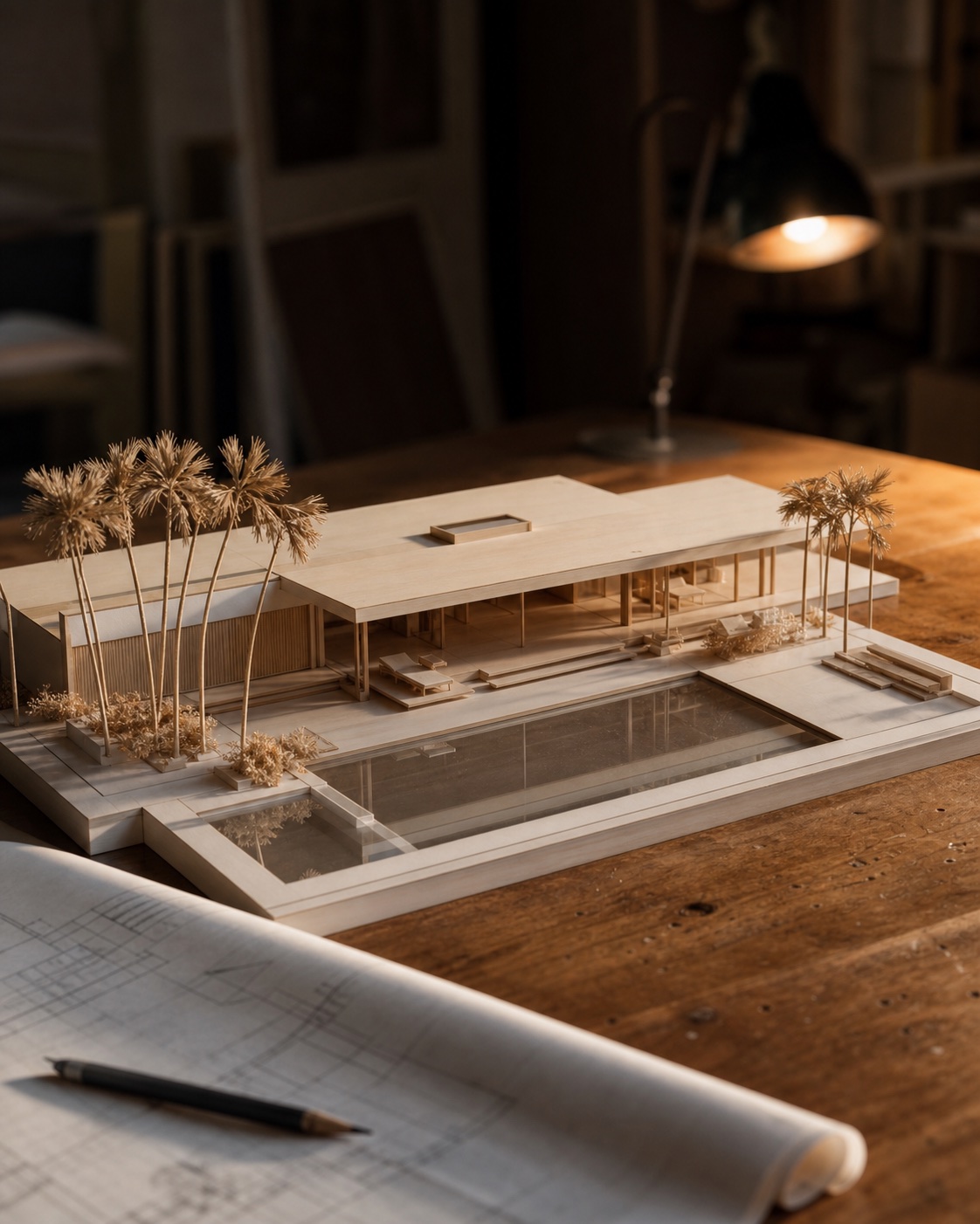 A working scale model of the residence on the studio table